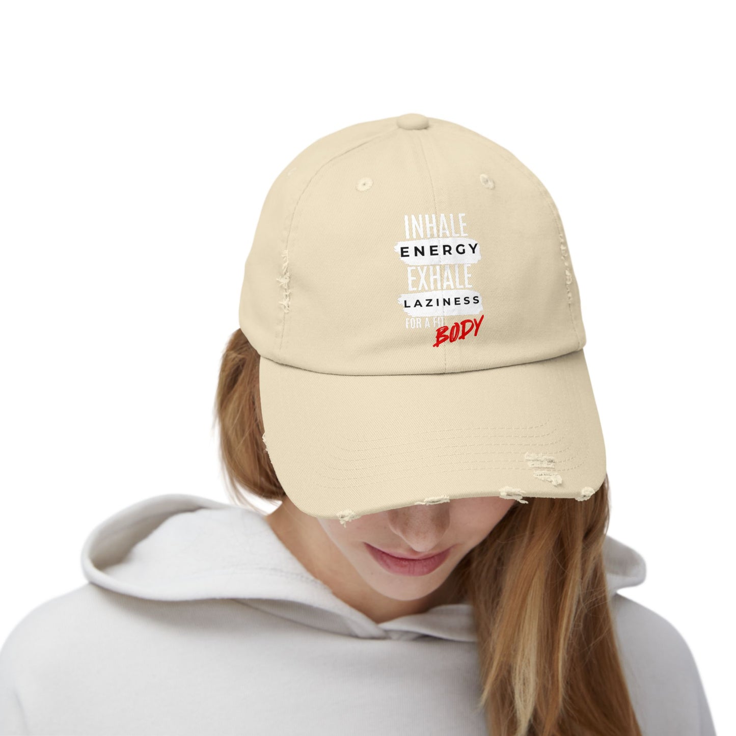Inhale Energy, Exhale Laziness: Unisex Distressed Cap