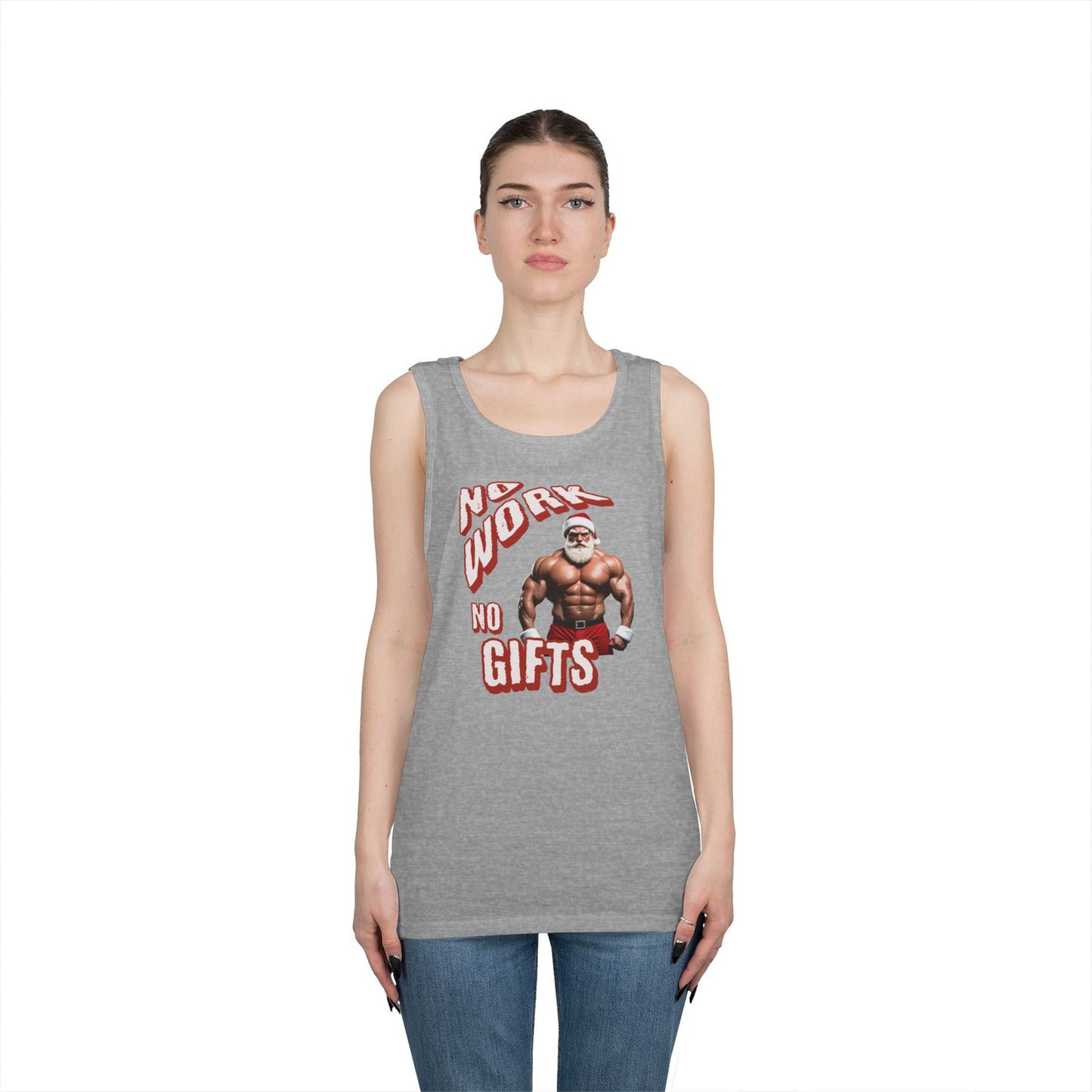 No Work, No Gift Santa Claus Unisex Heavy Cotton Tank Top, Celebrate the Season in Style