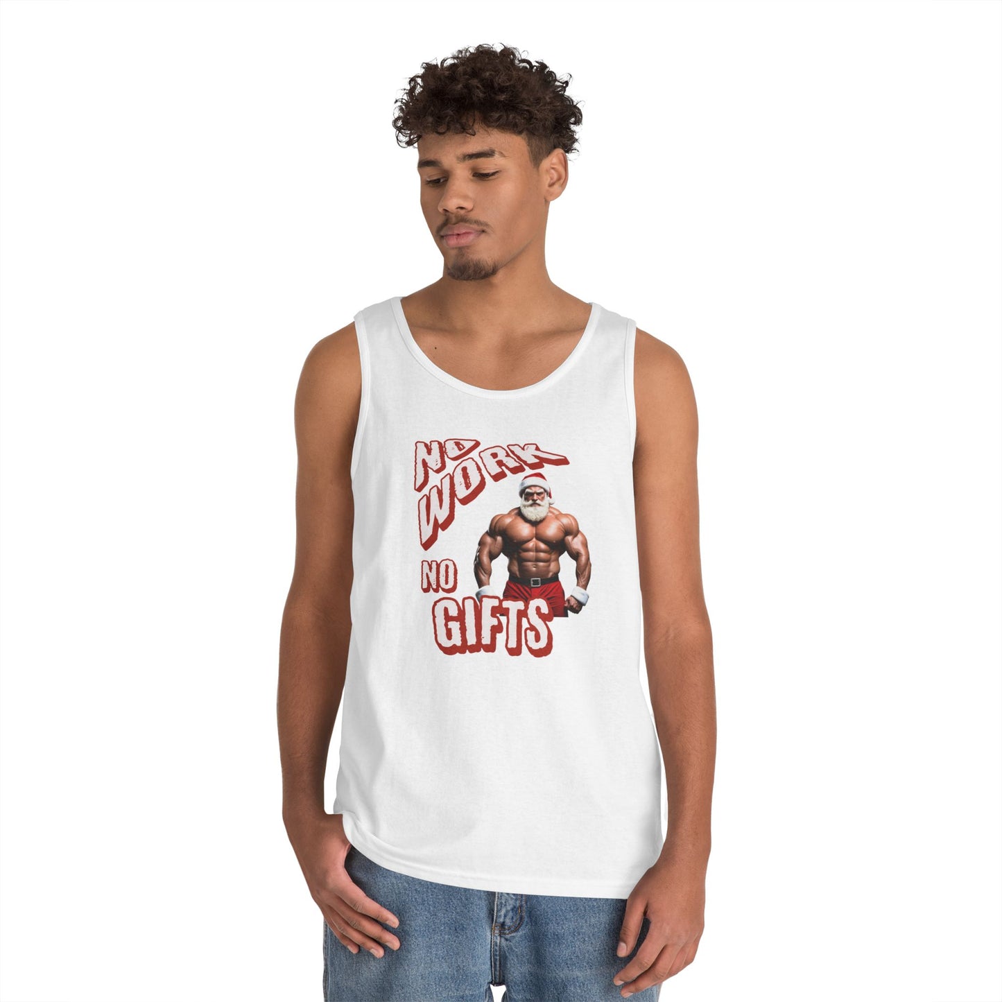No Work, No Gift Santa Claus Unisex Heavy Cotton Tank Top, Celebrate the Season in Style