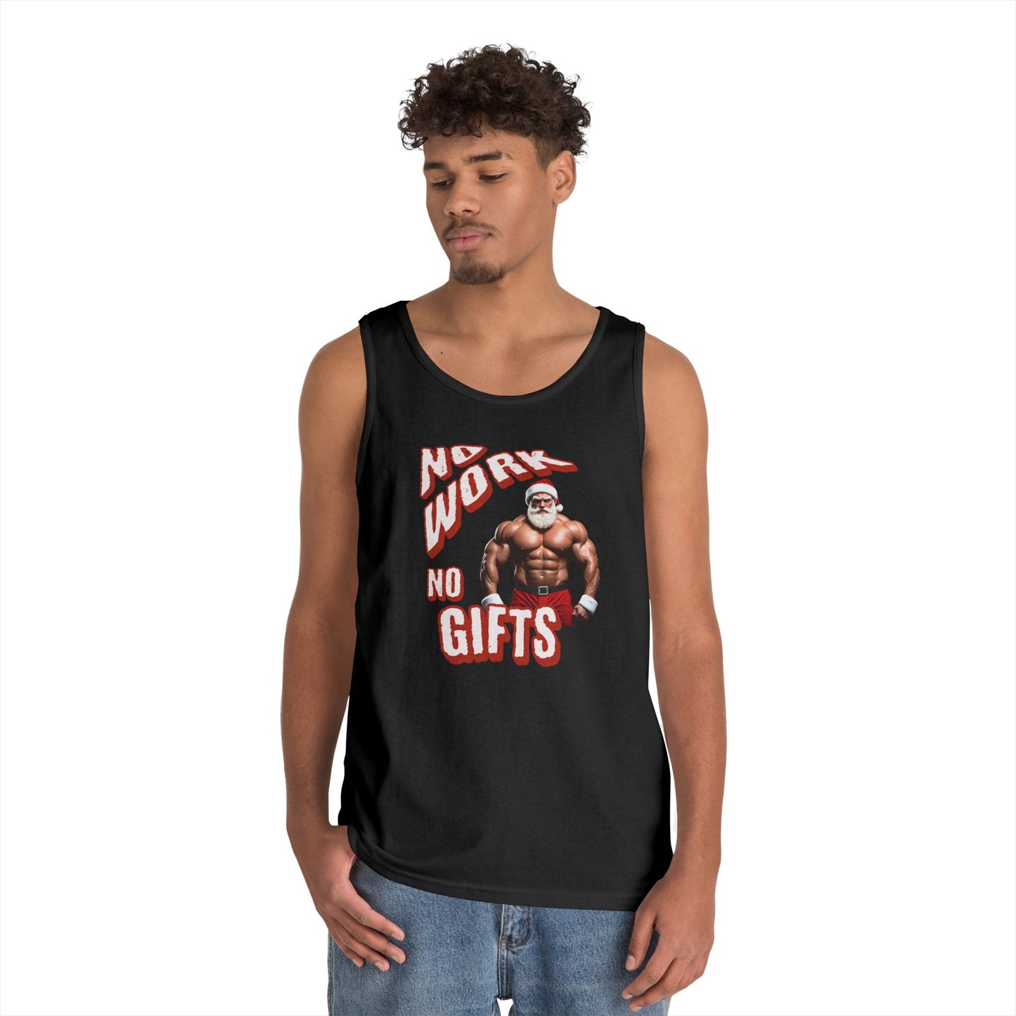 No Work, No Gift Santa Claus Unisex Heavy Cotton Tank Top, Celebrate the Season in Style