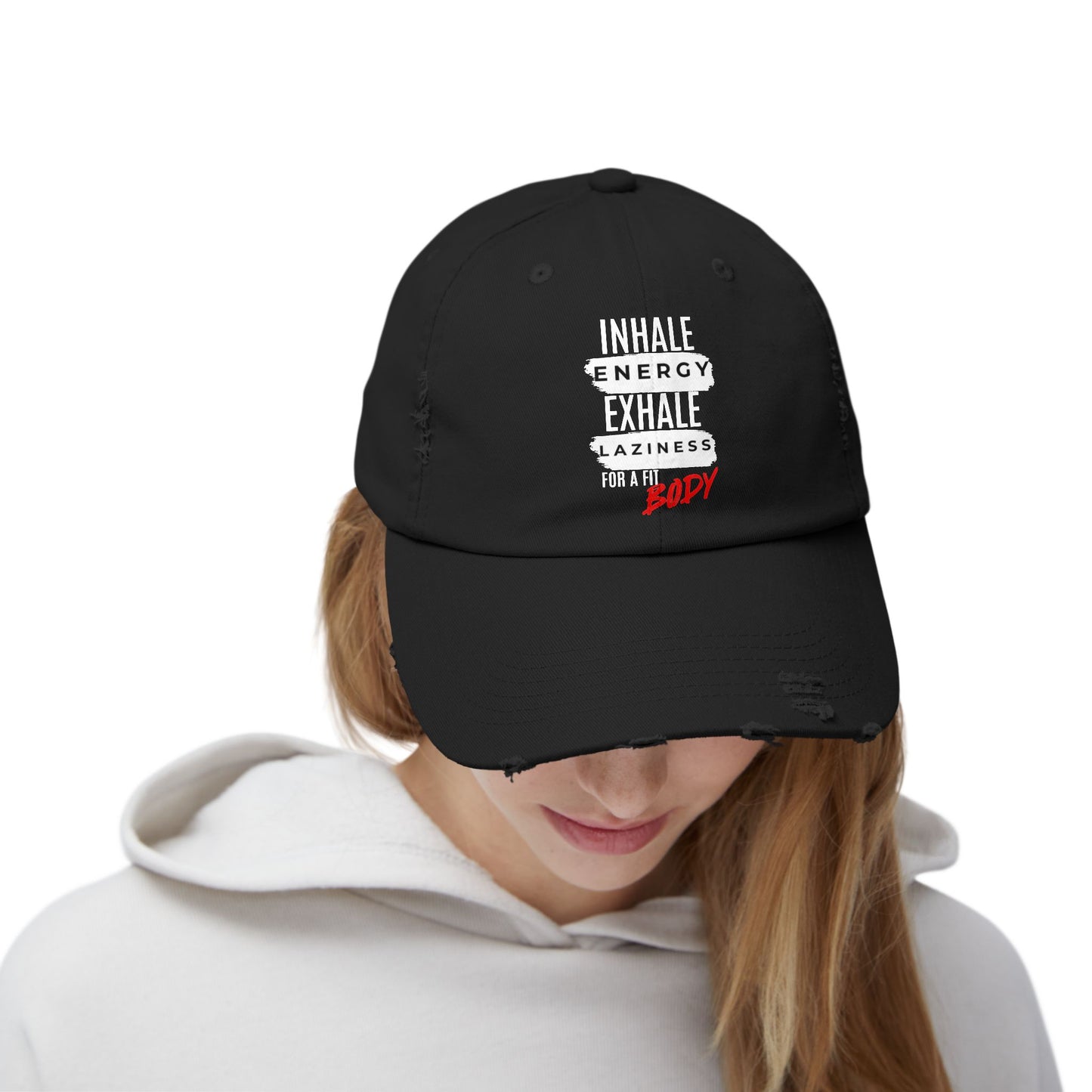 Inhale Energy, Exhale Laziness: Unisex Distressed Cap