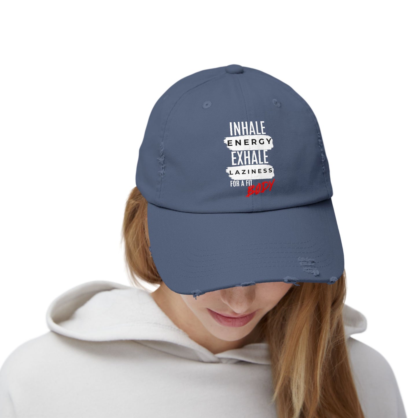 Inhale Energy, Exhale Laziness: Unisex Distressed Cap